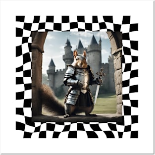 Squirrel Knight with Sword on Checkered Background Posters and Art